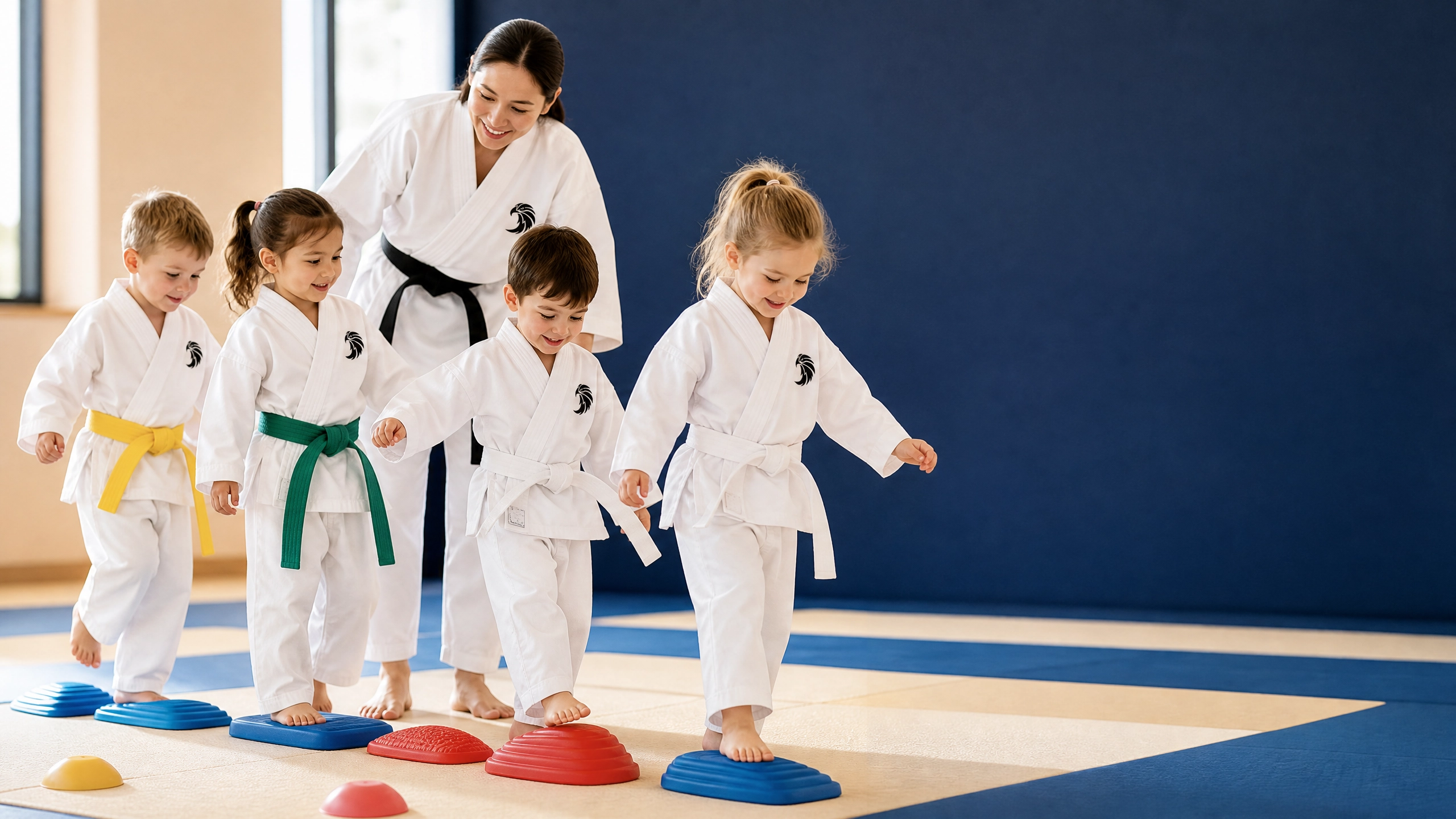 Kind trainiert Balance unter ruhiger Anleitung